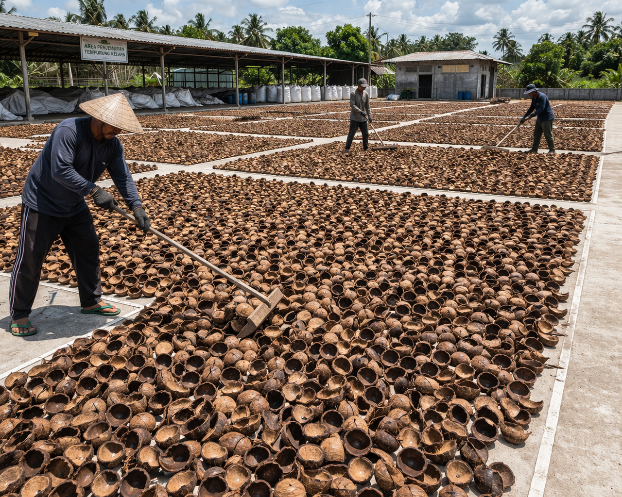 Sun drying coconut shells